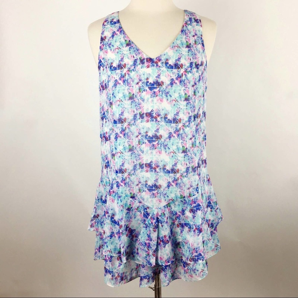 Olive + Oak Aqua Pool Ruffle Shift Dress Blue M